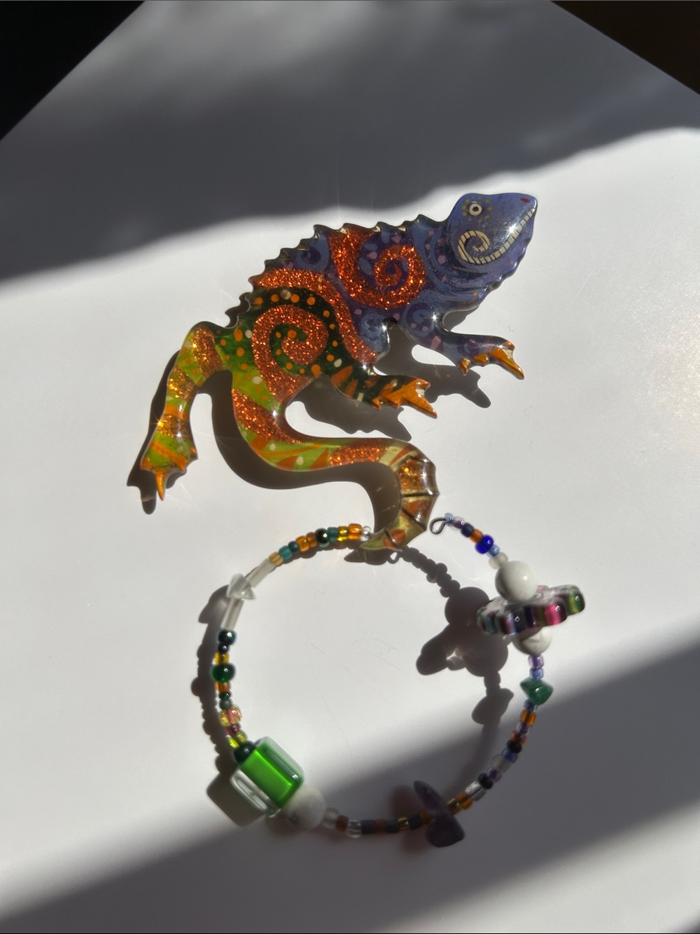 Robin Senour “Sacred Laughter” Colorful Multicolor Reptile Beaded Brooch